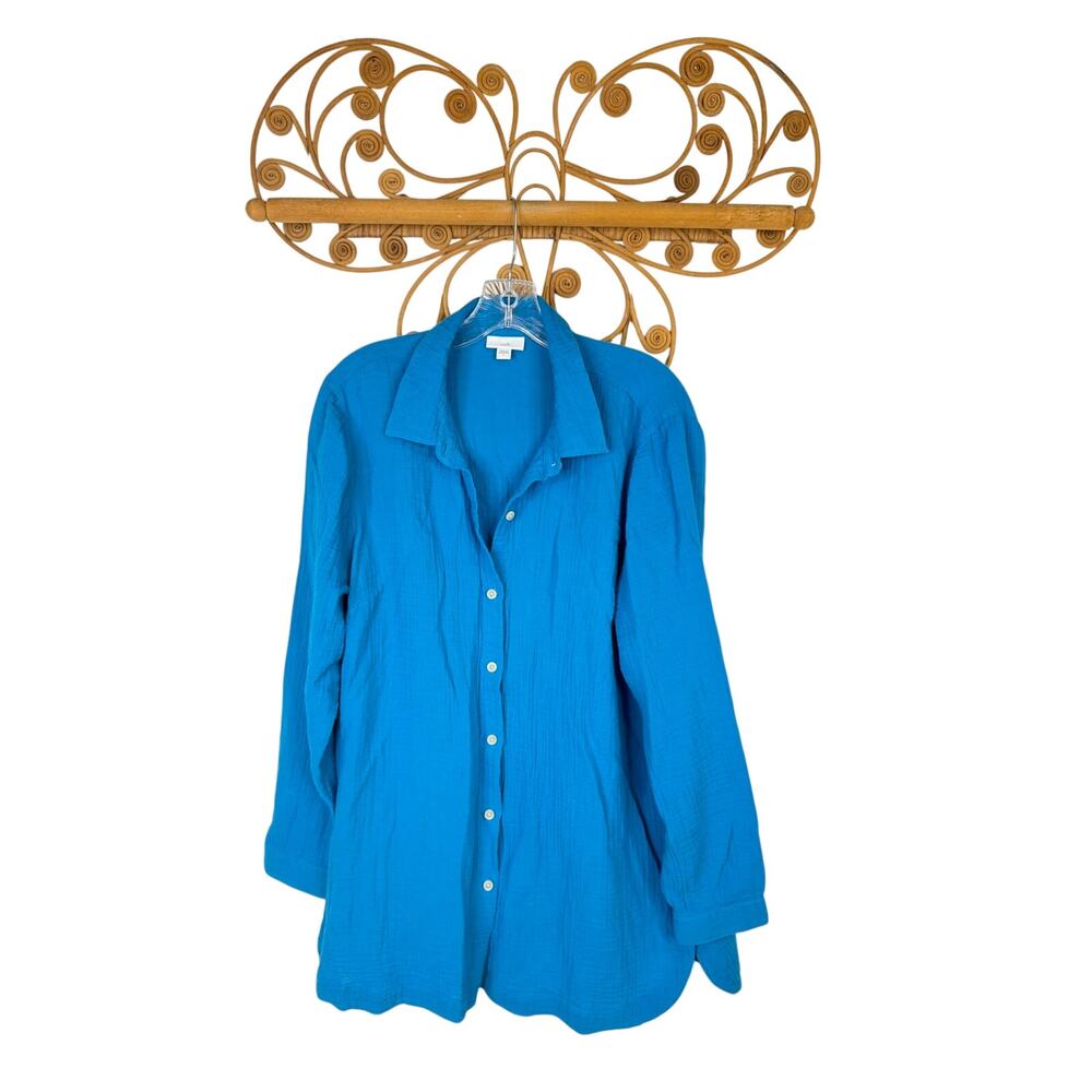 J.Jill women's Cotton-Gauze Button-Front Tunic Turquoise blue L